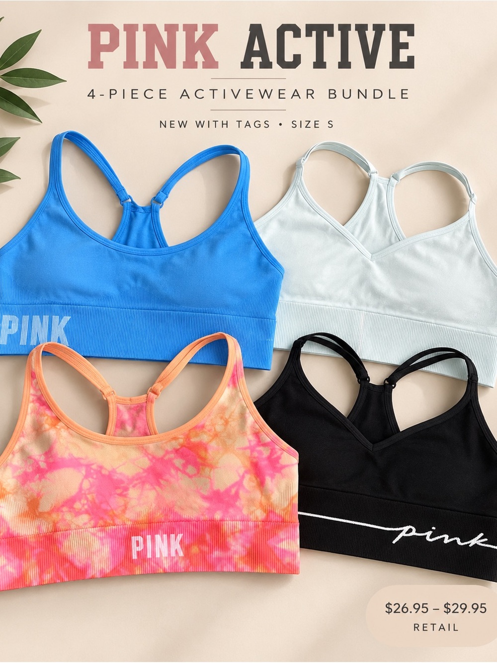 PINK Active 4-Piece Sports Bra Bundle Size S NWT